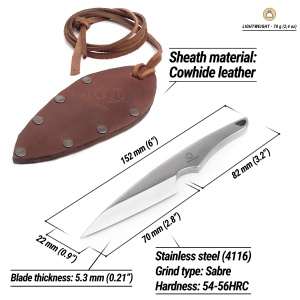 Cutit cu teaca pentru gat NCK2 BeaverCraft, lama otel 7 cm, teaca din piele de vaca - Img 3