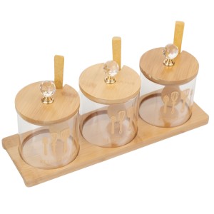 Set 3 recipiente pentru condimente din sticla, suport din lemn de bambus inclus, 250 ml