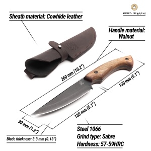 Cutit drumetie HGK6 BeaverCraft, lama otel carbon 13 cm, teaca din piele naturala, maner de lemn - Img 3