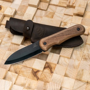 Cutit outdoor compact BSH5 BeaverCraft, lama full tang otel carbon 9.5 cm, teaca din piele de vaca, maner lemn - Img 4