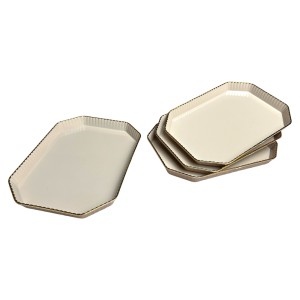 Set de 4 farfurii dreptunghiulare, margini aurii, 21,5x14,5 cm, Bej