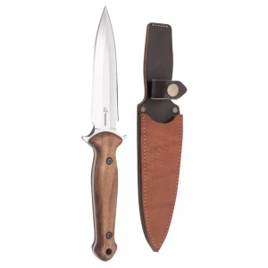 Cutit tactic cu dublu tais TLK2 BeaverCraft, lama 14 cm, teaca din piele de vaca, maner lemn nuc