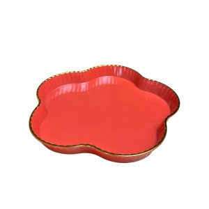 Set 4 farfurii pentru copii, forma floare, margini aurii, 15 cm, Rosu