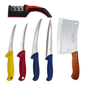 Set de cutite pentru macelarie 6 piese, German Steele, 2 cutite dezosat, 1 cutit feliat, 1 cutit sacrificat, 1 satar cu maner din lemn, 1 dispozitiv pentru ascutit