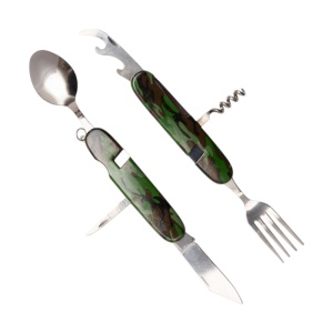 Briceag multifunctional pentru drumetie 6in1 Verde, include furculita, lingura, cutit, tirbuson, desfacator sticle si desfacator conserve - Img 1