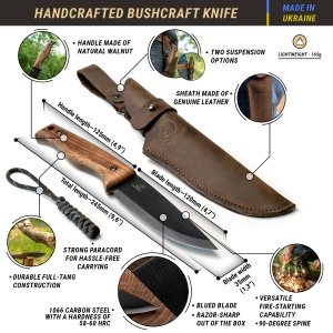 Cutit dumetie BSH3 BeaverCraft, lama otel carbon 12 cm, teaca din piele naturala, maner din nuc