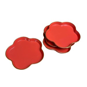 Set 4 farfurii pentru copii, forma floare, margini aurii, 15 cm, Rosu