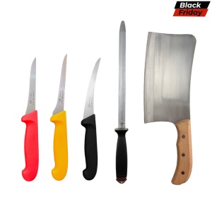 Setul macelarului 5 piese, 3 cutite Nameta Belgium, 1 masat, 1 satar cu maner din lemn otel carbon