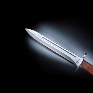 Cutit de vanatoare tip maceta AK-47 CCP, maner lemn, lama otel inoxidabil, teaca imitatie piele - Img 5