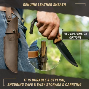 Cutit dumetie BSH3 BeaverCraft, lama otel carbon 12 cm, teaca din piele naturala, maner din nuc - Img 4