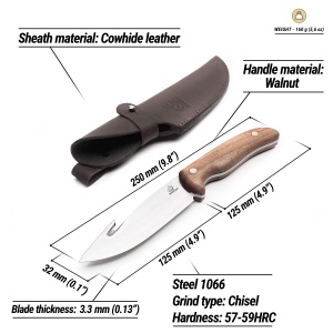 Cutit pentru curatare burti GTK1 BeaverCraft, lama fixa 12.5 cm, maner din lemn, teaca din piele naturala