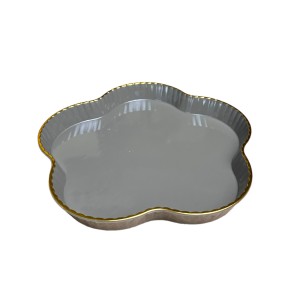 Set 4 farfurii copii, forma floare, margini aurii, 15 cm, Gri