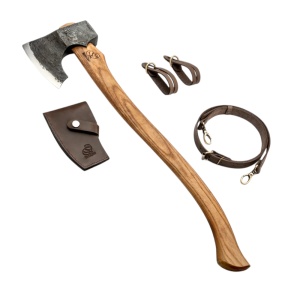 Topor forjat manual AX4 BeaverCraft, lama otel carbon 12.5 cm, maner din lemn de frasin, teaca din piele naturala