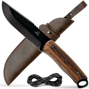 Cutit bushcraft BSH4 BeaverCraft, lama fixa 12.5 cm otel carbon, maner ergonomic lemn nuc, teaca din piele