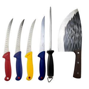 Set 4 cutite, masat lama rotunda 30 cm, si un satar lama otel carbon 24 cm