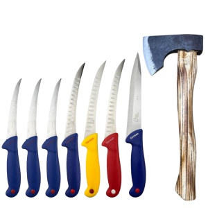 Set cutite pentru macelarie, 3 cutite dezosare, 3 cutite transare, 1 cutit cu dublu tais si 1 secure cu maner din lemn, B1