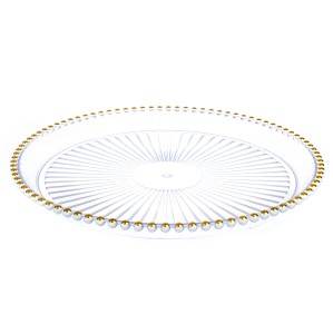 Tava pentru servire rotunda, margini aurii, transparenta, 35 cm