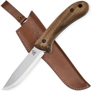 Cutit full tang BSH2 BeaverCraft, lama otel carbon 10 cm, maner din lemn de nuc, teaca din piele de vaca