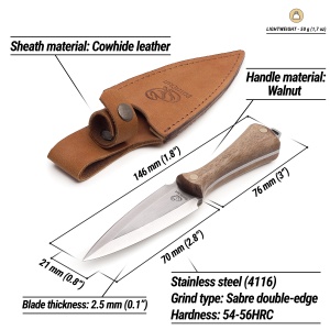 Cutit pumnal NCK1 BeaverCraft, lama cu dublu tais 7 cm, maner din lemn de nuc, teaca din piele naturala - Img 3