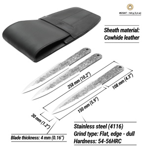 Set 3 cutite forjate manual BeaverCraft, lama otel 15 cm, teaca din piele naturala
