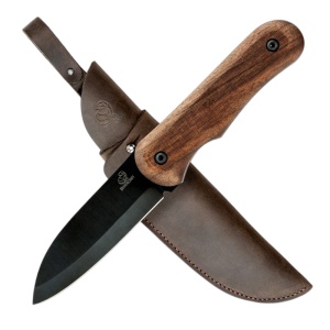Cutit outdoor compact BSH5 BeaverCraft, lama full tang otel carbon 9.5 cm, teaca din piele de vaca, maner lemn