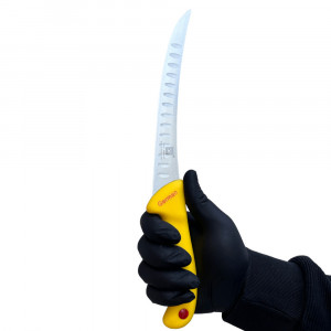 Cutit pentru transat si filetat, 32 cm, cu alveole, lama curbata, otel inoxidabil, Galben