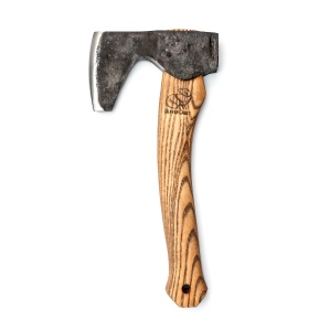 Secure compacta forjata manual AX6 BeaveCraft, lama otel carbon 90 mm, maner din lemn de frasin, teaca din piele de vaca - Img 3