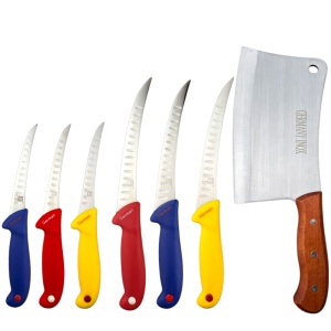 Set 6 cutite cu alveole si un satar cu maner din lemn, otel inoxidabil
