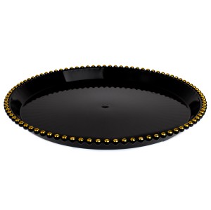 Tava pentru servire rotunda, margini aurii, 35 cm, Negru