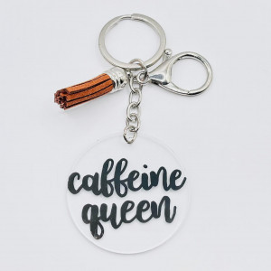 Breloc acrilic pictat manual Caffeine Queen negru