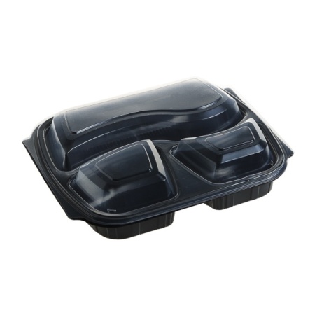 Caserole meniu 3 compartiment, 1000ml,PP, negru + Capac PP, transparent FT294 H40, 236×205 mm,200 buc,4 set