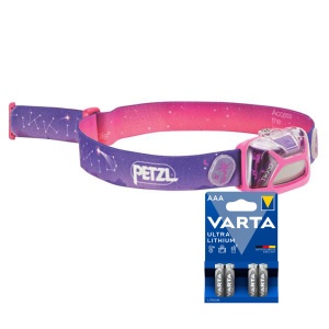 Lampă frontală PETZL TIKKID - 30 lm / 3 x AAA, roz + 4 buc Varta Ultra Lithium baterii AAA