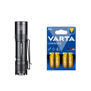 Lanternă FENIX E12 V3.0 - 200 lm / 82 mm / 1 x AA, Fenix E12 V3.0 + 4 buc Varta Long Life baterii AA