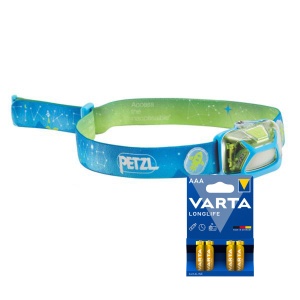 Lampă frontală PETZL TIKKID - 30 lm / 3 x AAA, albastru + 4 buc Varta Long Life baterii AAA