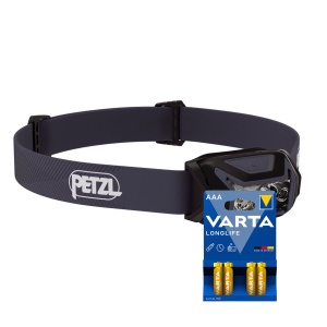 Lampă frontală PETZL Actik - 450 lm / 3 x AAA, negru + 4 buc Varta Long Life baterii AAA