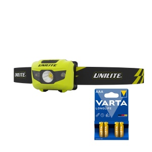 Lampă frontală UNILITE PS-HDL2 - 200 lm / 3 x AAA, Unilite PS-HDL2 + 4 buc Varta Long Life baterii AAA