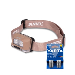 Lampă frontală Sunree StarRay - 380 lm / 3 x AAA, Sunree StarRay + 4 buc Varta Ultra Lithium baterii AAA