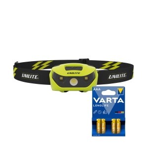Lampă frontală UNILITE PS-HDL1 - 160 lm / 2 x AAA, Unilite PS-HDL1 + 4 buc Varta Long Life baterii AAA