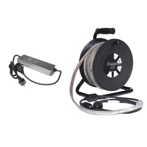 Bandă LED / Proiector de lucru AGGE 230V - 1500 lm/m, 15 m - tambur, bandă cu cablu de alimentare + acumulator de rezervă