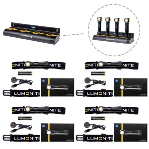 Lampă frontală LUMONITE Compass - 1250 lm / Reîncărcabil, 4 kit standard + stație de încărcare