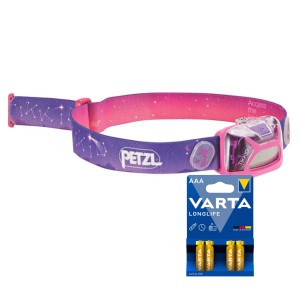 Lampă frontală PETZL TIKKID - 30 lm / 3 x AAA, roz + 4 buc Varta Long Life baterii AAA