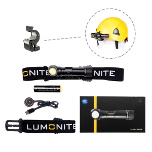 Lampă frontală LUMONITE Compass - 1250 lm / Reîncărcabil, Standard kit + Work helmet Suport