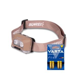 Lampă frontală Sunree StarRay - 380 lm / 3 x AAA, Sunree StarRay + 4 buc Varta Long Life baterii AAA