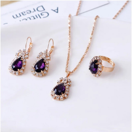 Set Colier, Cercei si Inel cu Cristal Violet SIC MODA 5124C