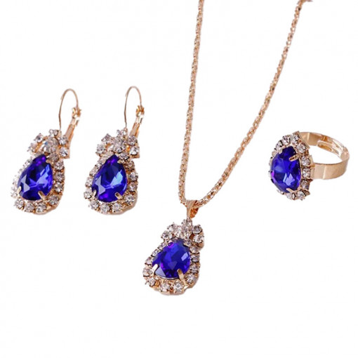 Set Colier, Cercei si Inel cu Cristal Albastru SIC MODA 5124D