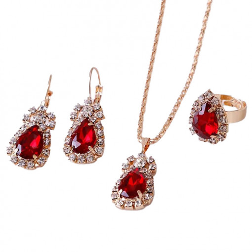 Set Colier, Cercei si Inel cu Cristal Rosu SIC MODA 5124A