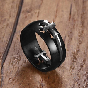 Inel Unisex cu Cruce din Oțel Inoxidabil 316L Negru/Argintiu - Antialergic, 4017 - Img 3
