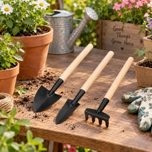 Unelte de grădinărit cu mâner din lemn 20 cm, set 3 piese