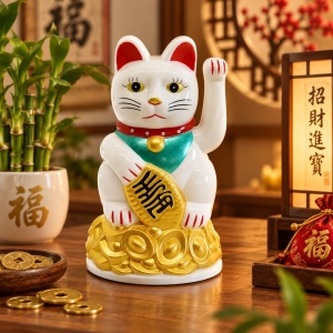 Pisica norocoasă Maneki Neko albă, 11 cm