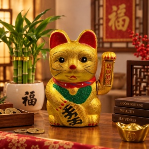 Pisica norocoasă Maneki Neko aurie 19 x 14 cm